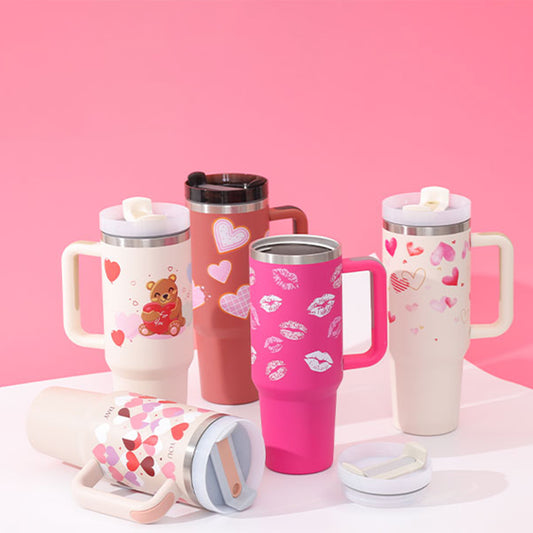 40 Oz Tumbler With Straw, Handle & Straw, Stainless Steel Spill Proof Vacuum Coffee Cup Tumbler With Lid Tapered Mug Gifts For Valentine Lover Suitable For Car Gym Office & Travel
